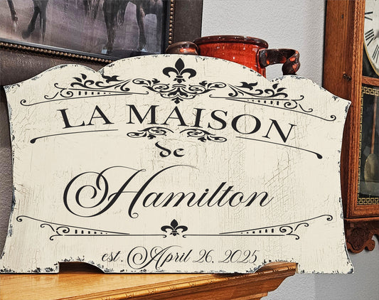 French Sign | Maison Family Sign | Maison Name Sign | French Sign | 28" W x 16" Tall | WOOD SIGN - Superior Stencils