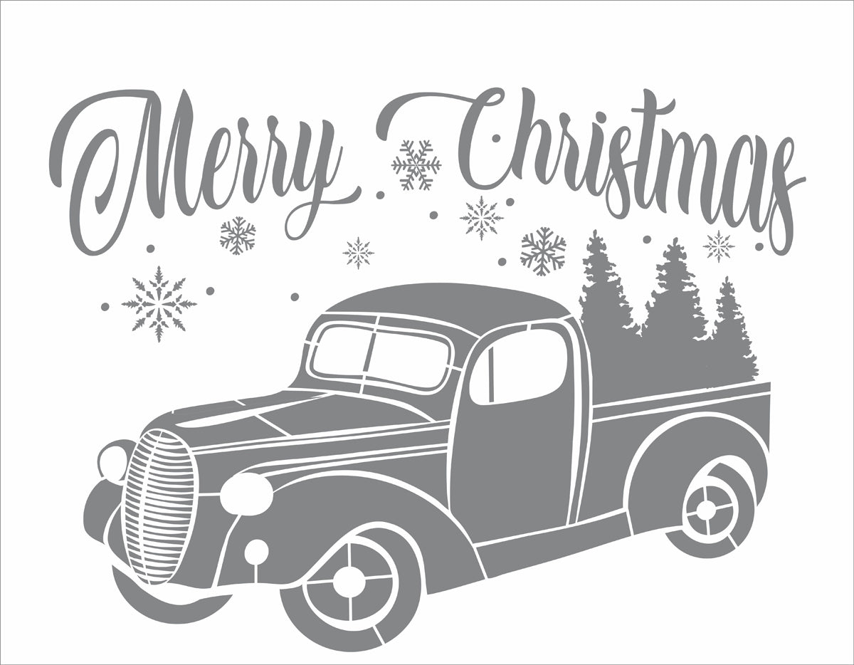 Merry Christmas Stencil with Old Truck - Superior Stencils